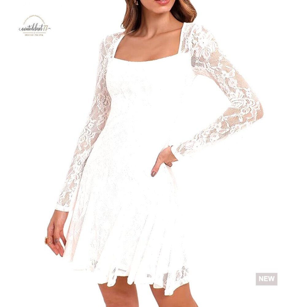 Floral Lace Mini Dress Square Neck Long Sleeve Bodycon Night Out